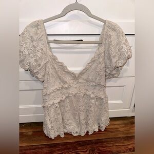 Altar'd State Ivory Lace Peplum Puff Sleeve Blouse